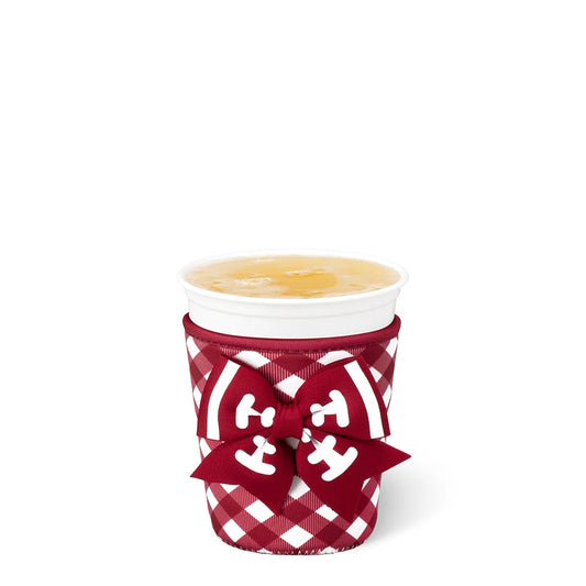 red and white gingham patterned drink sleeve with a matching red bow featuring white football stitching design for red and white sports teams