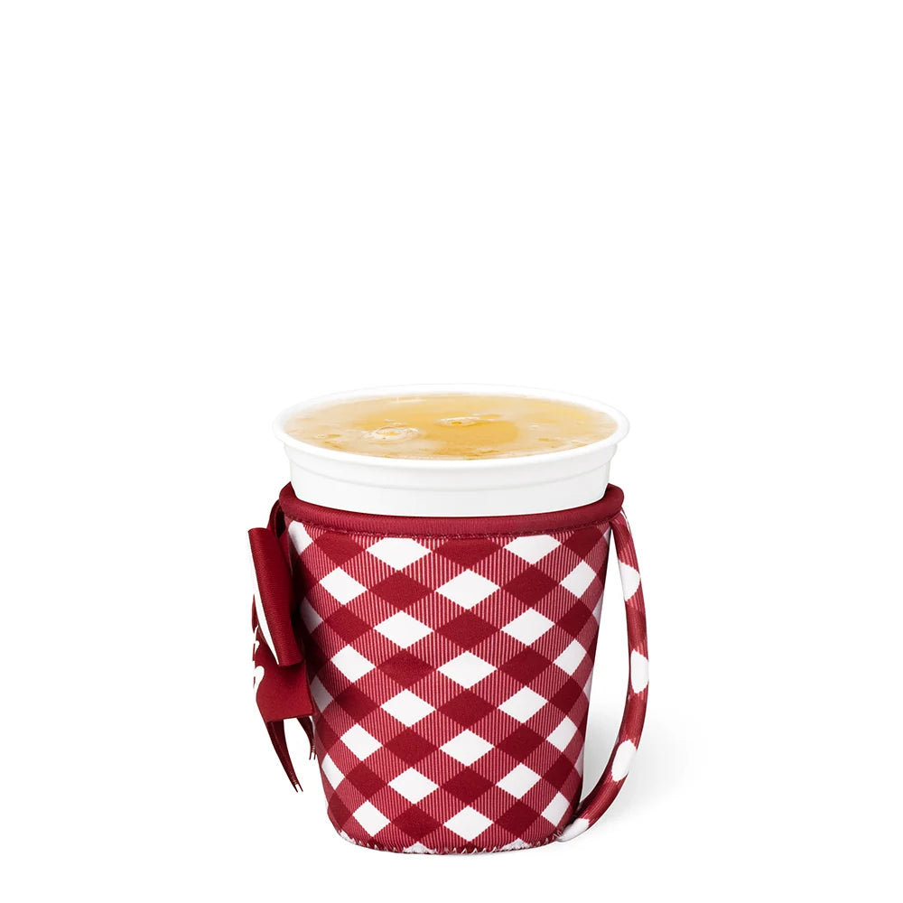 red and white gingham patterned drink sleeve with a matching red bow featuring white football stitching design for red and white sports teams