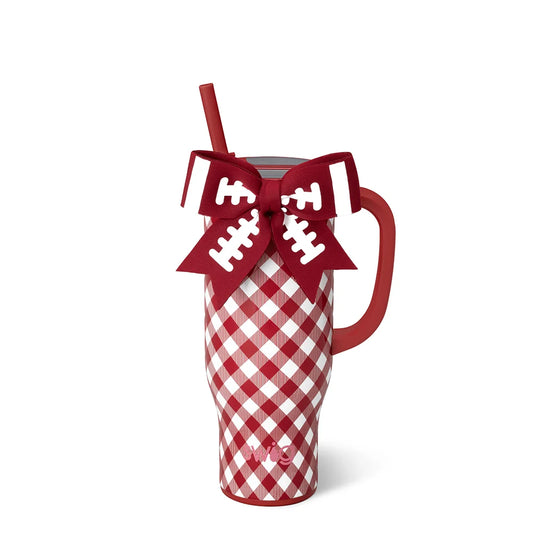 A red and white checkered insulated tumbler with a handle, a red lid and straw, and a red football-themed bow on the front for red and white sports fans