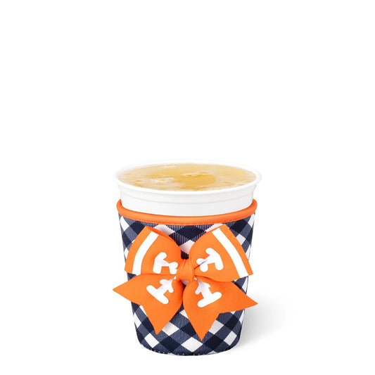 A white disposable cup with a navy and white gingham patterned sleeve featuring an orange band and a large orange bow with white lettering, set against a plain white background.