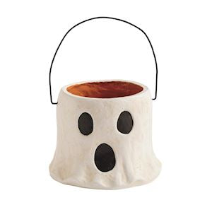Ghost-shaped Halloween candy bucket with black eyes and mouth on a white background