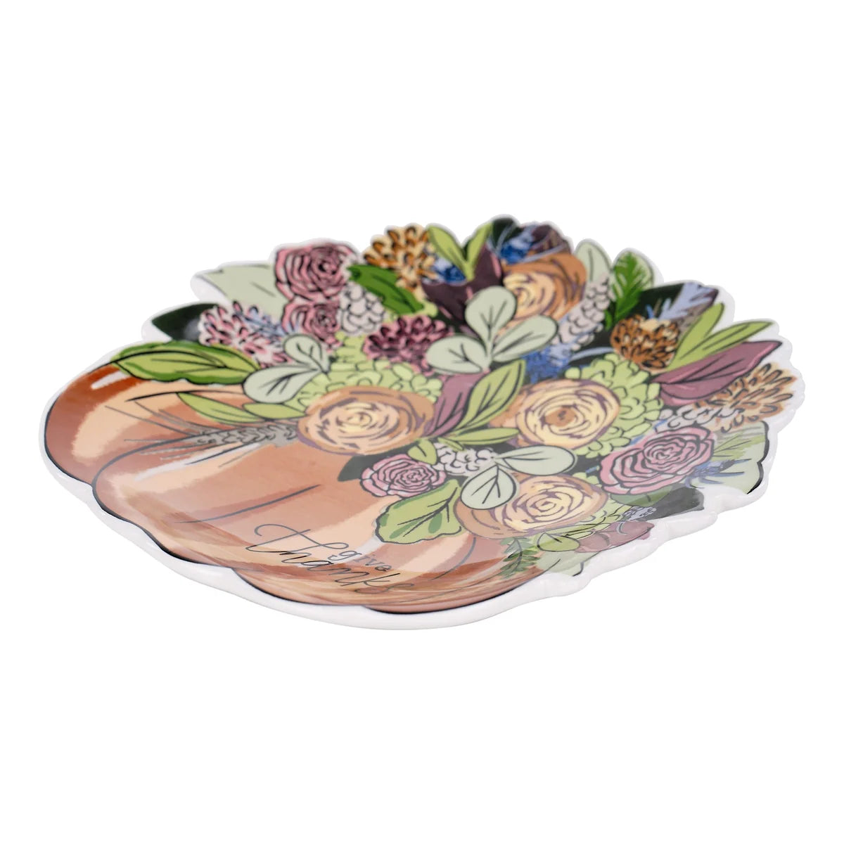 Hand-painted Give Thanks Trinket Tray  design featuring pumpkins and autumn leaves