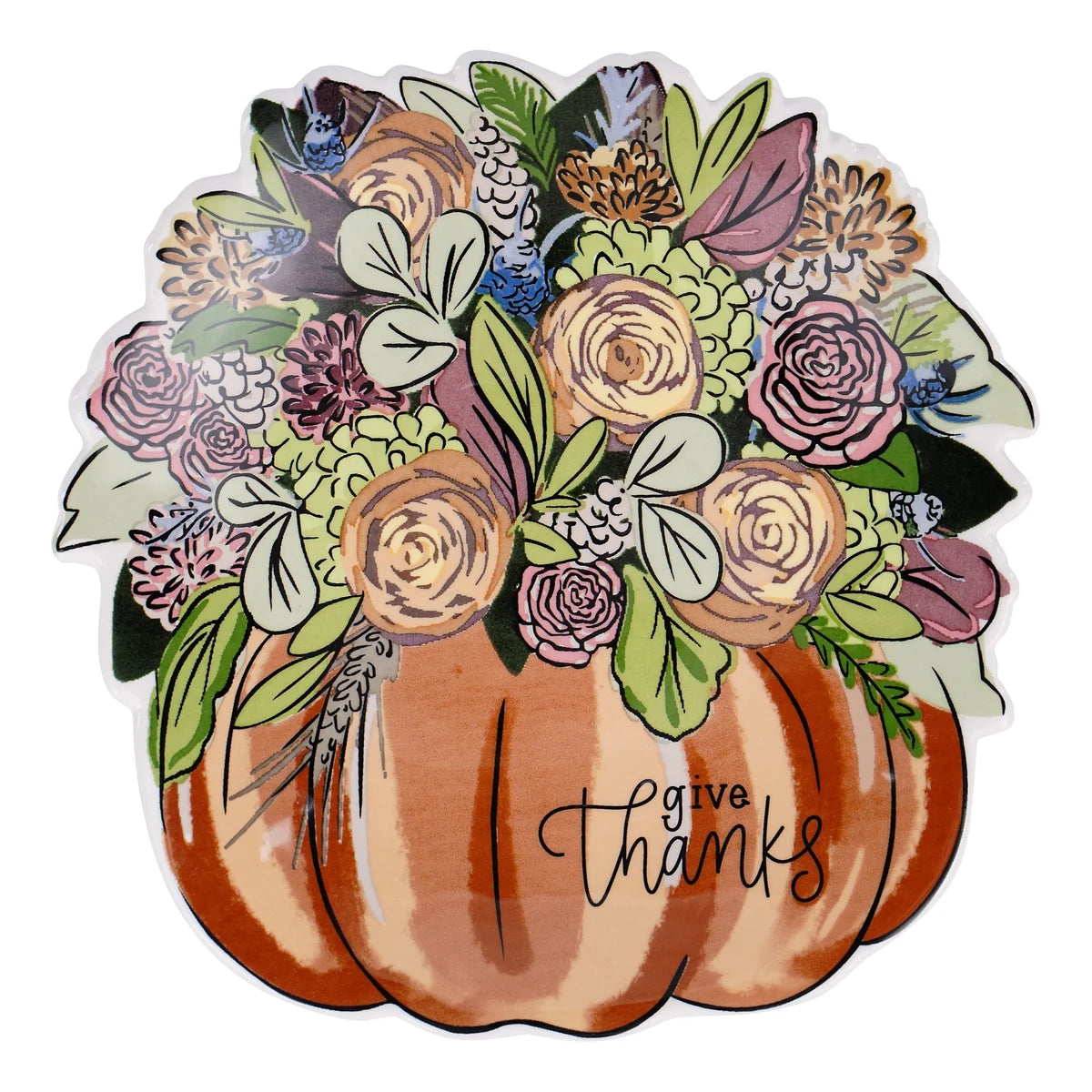 Hand-painted Give Thanks Trinket Tray  design featuring pumpkins and autumn leaves