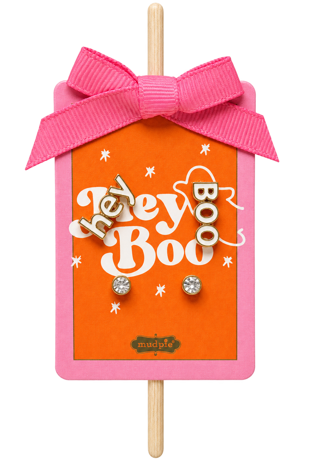 A Halloween-themed earring display card shaped like a pink lollipop with an orange center, pink ribbon bow, and wooden stick. The card reads 'hey Boo Boo' in white script with small white stars and features two clear rhinestone stud earrings attached.