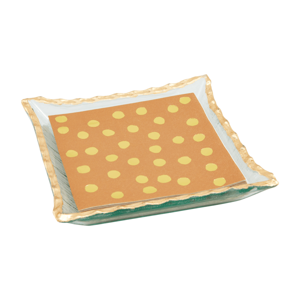 Gold edge frosted glass square napkin holder tray with brown and gold dot napkins