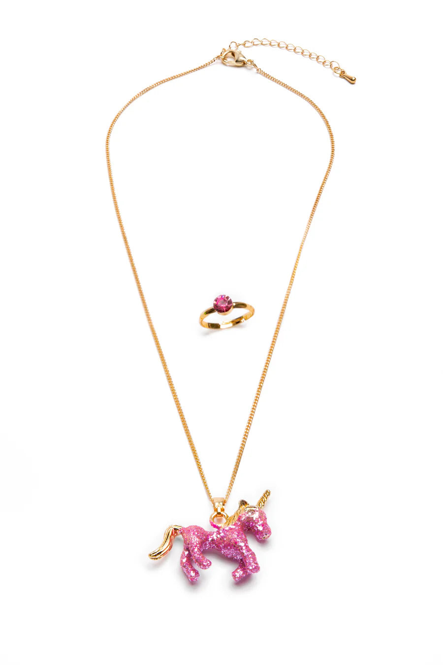 Glitter Pink Unicorn Necklace & Ring Set, 2pc