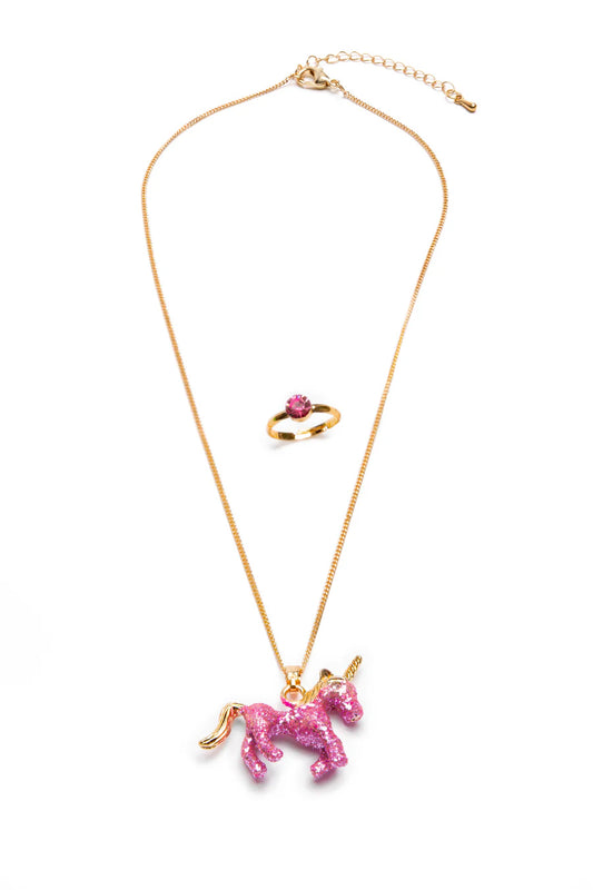 Glitter Pink Unicorn Necklace & Ring Set, 2pc