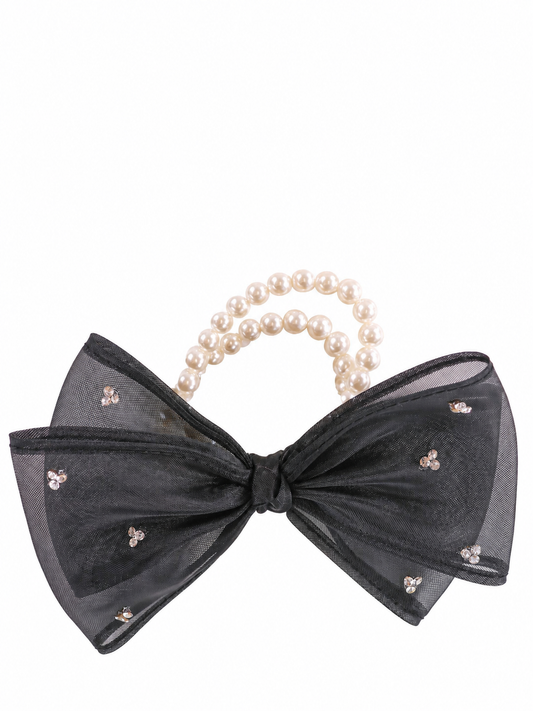 A black sheer organza bow headband decorated with small rhinestone clusters, featuring a double-strand pearl hair loop at the top, shown against a plain white background.