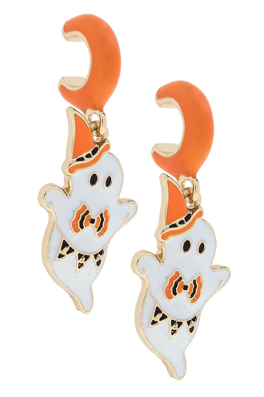 Halloween-themed ghost earrings with orange hats on a white background