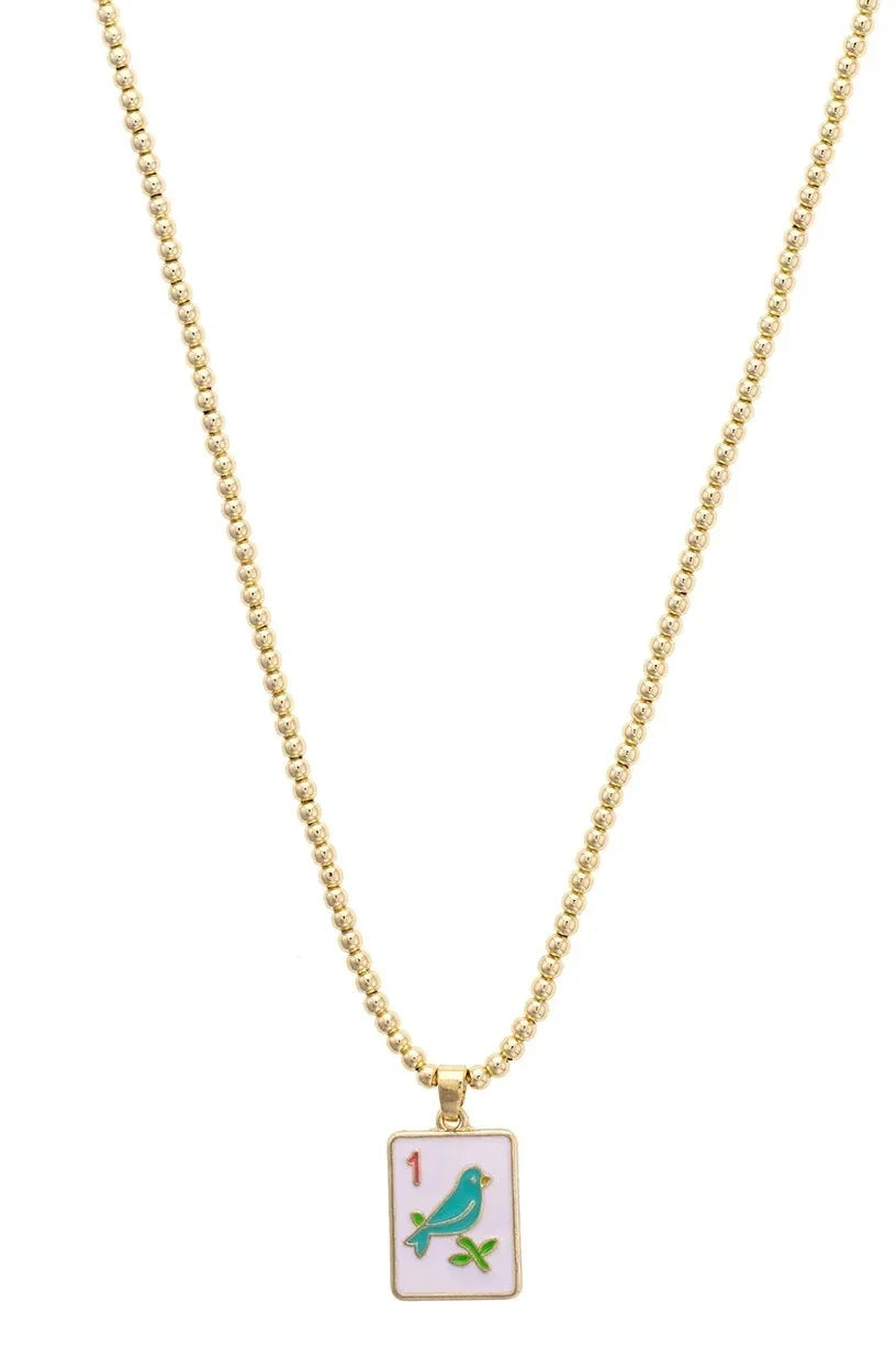 Sparrow Mahjong Tile Ball Bead Necklace in White