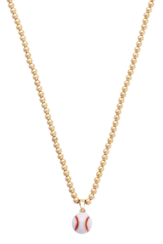 Baseball Enamel Ball Bead Necklace in Shiny Gold
