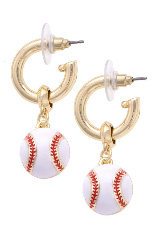Baseball Enamel Drop Hoop Earrings in White/Red