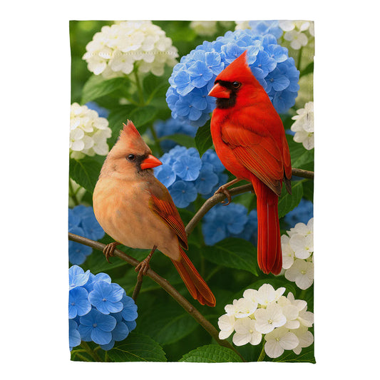 Cardinal Couple Among Hydrangeas Suede Garden Flag
