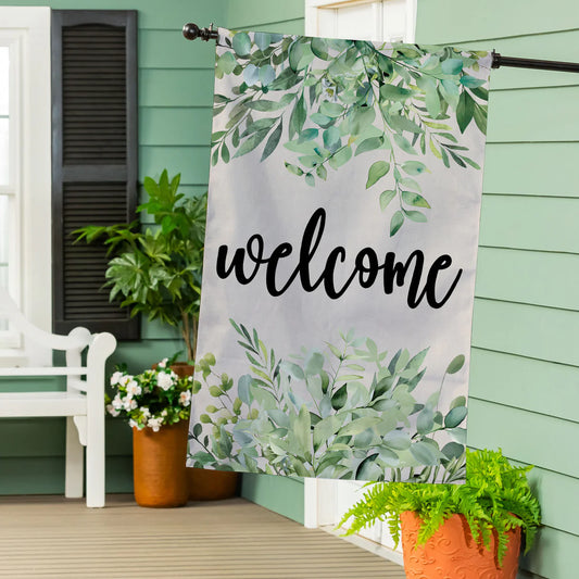 Greenery Welcome Burlap House Flag