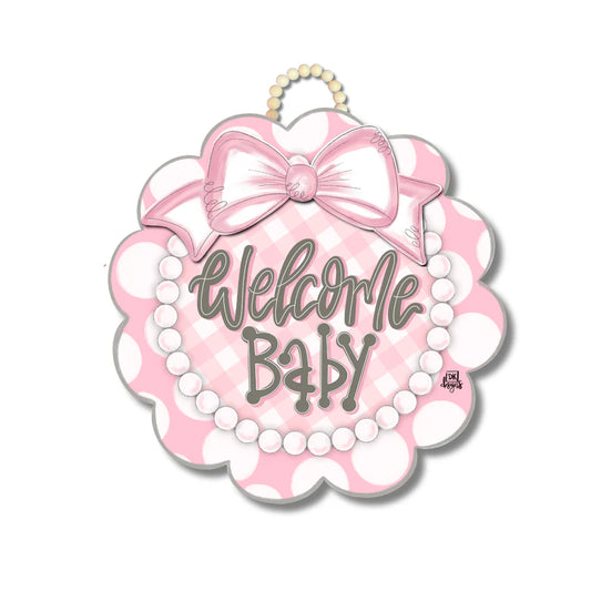 Door Hanger, Pink Scallop Welcome Baby