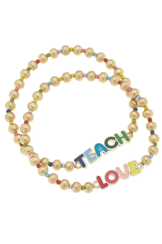 Necklace with colorful beads spelling 'TEACH LOVE' on a white background