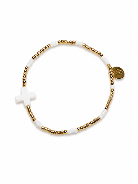 Gold Beaded Bracelet - White Cross