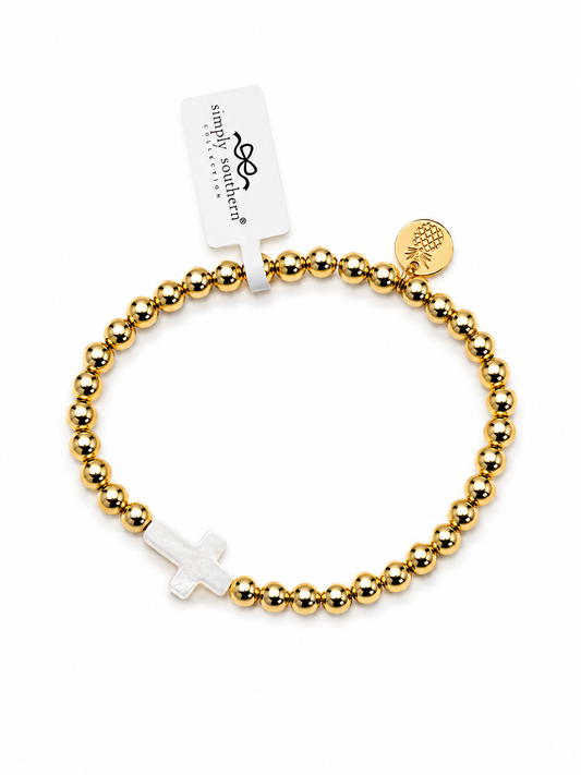 Gold Beaded Bracelet, White Cross
