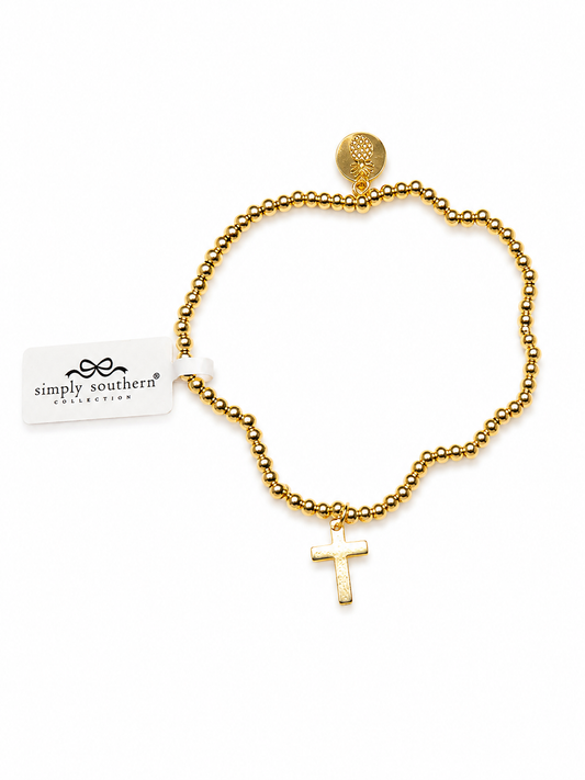 Gold Beaded Bracelet, Cross Charm