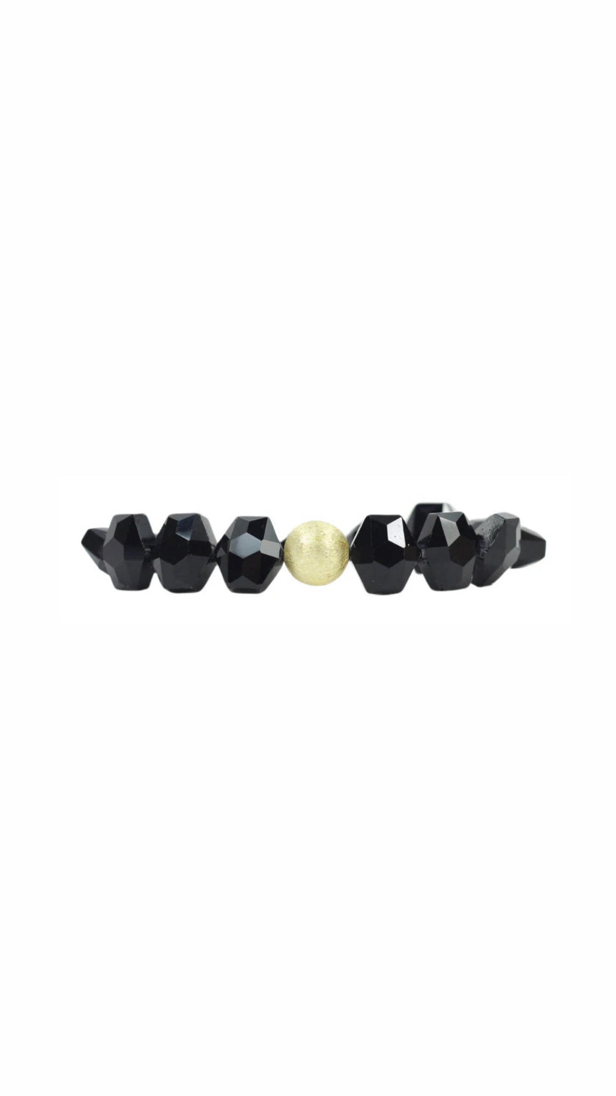 shiny black beaded bracelet with one gold bead