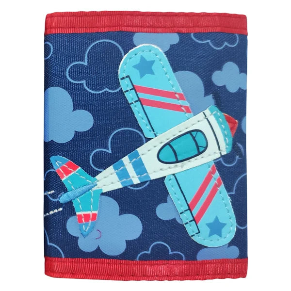 children's wallet with airplane design on black background with red detail