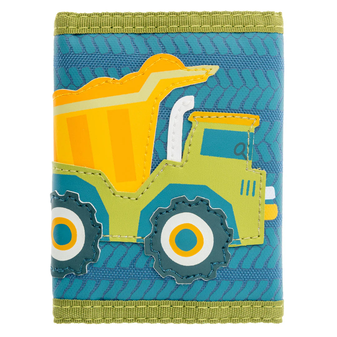 Children's wallet with a dump truck design on a blue background