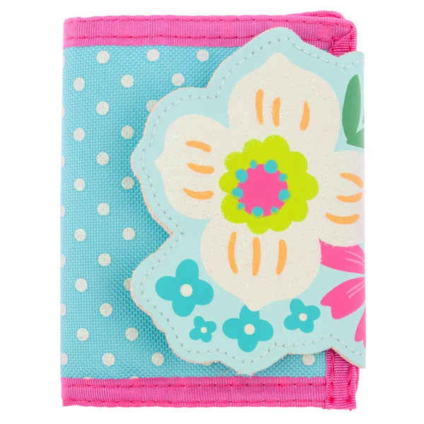 Kids Wallet Flower blue background hot pink details and colorful flower