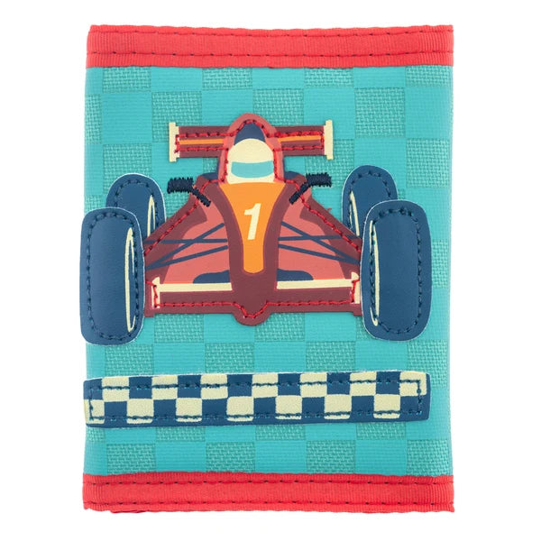 Kids Wallet Racecar blue background red detail racecar design on front