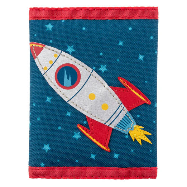 children's wallet with rocket ship design on bllue background and red accents