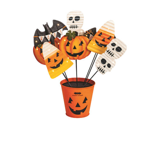 Metal plant stake with light-up layered tin icon topper.