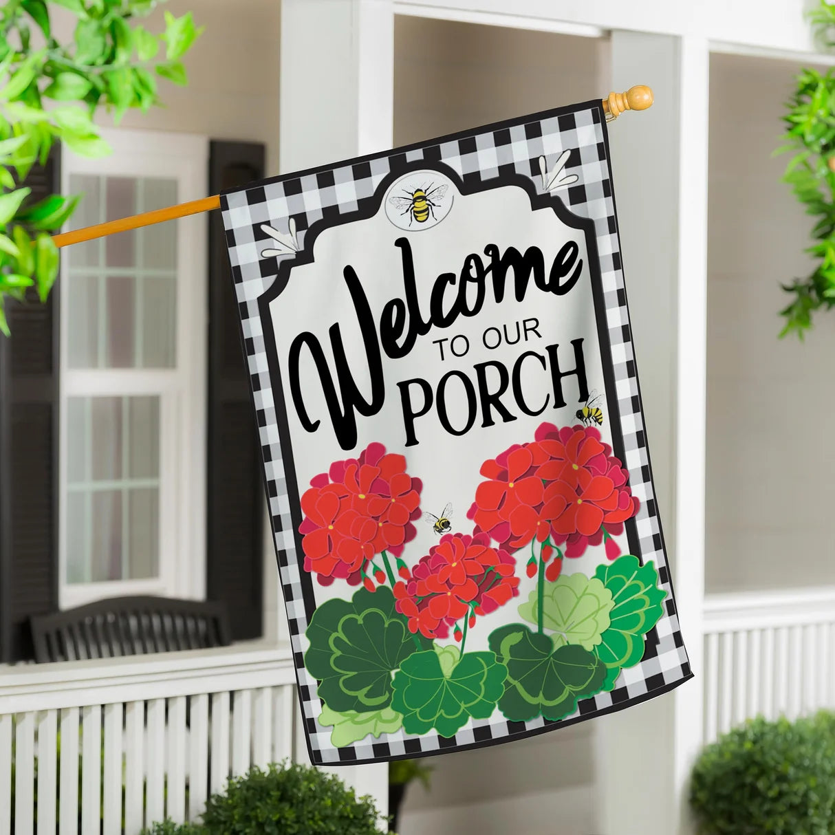 Welcome to Our Porch Geraniums House Flag