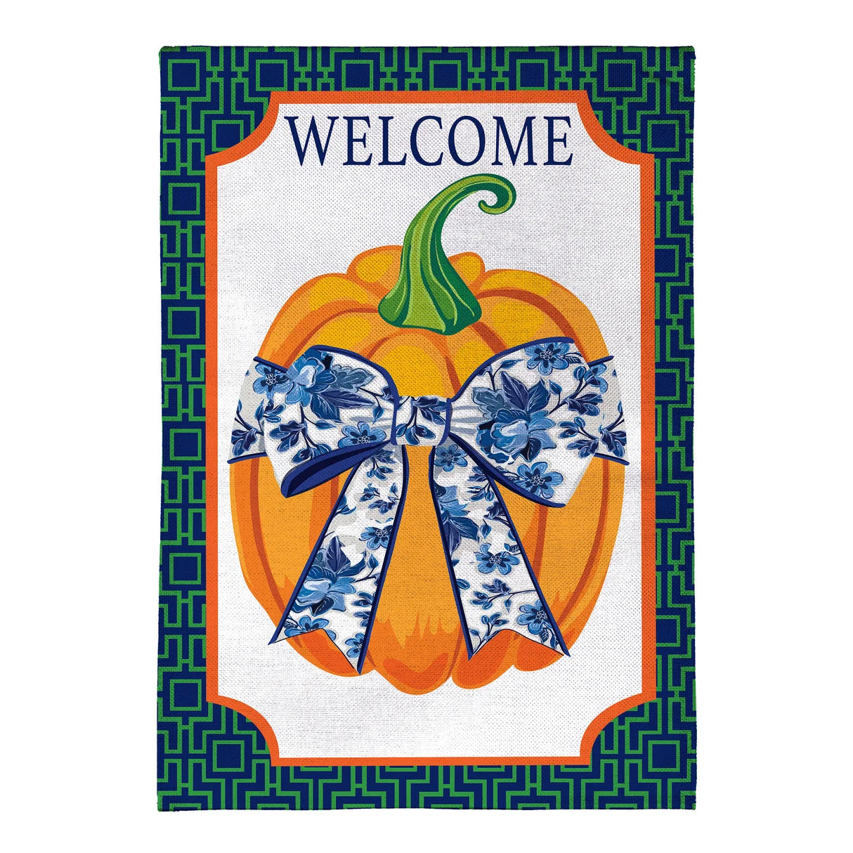 Pumpkin With Chinoiserie Bow Burlap Garden Flag