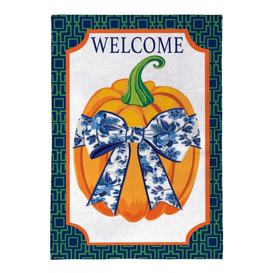 Pumpkin With Chinoiserie Bow Burlap Garden Flag