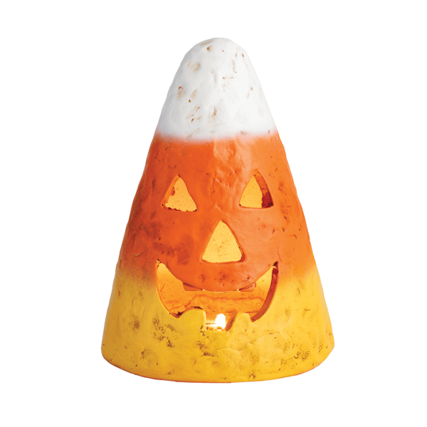 Halloween candy corn-shaped light with jack-o'-lantern face on a white background