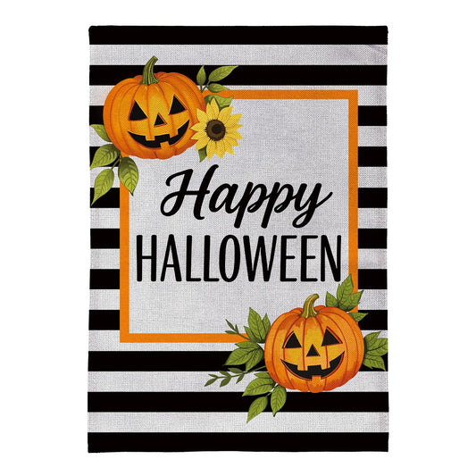 Happy Halloween Striped Jack O' Lanterns Burlap Garden Flag