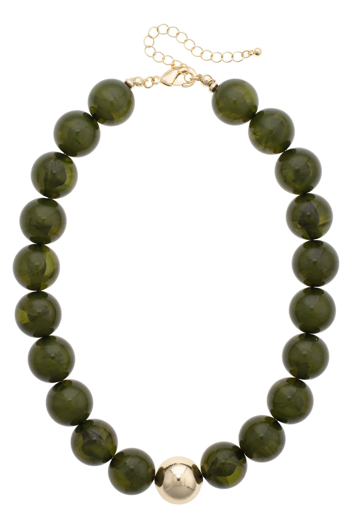 Necklace with green beads and a gold clasp on a white background
