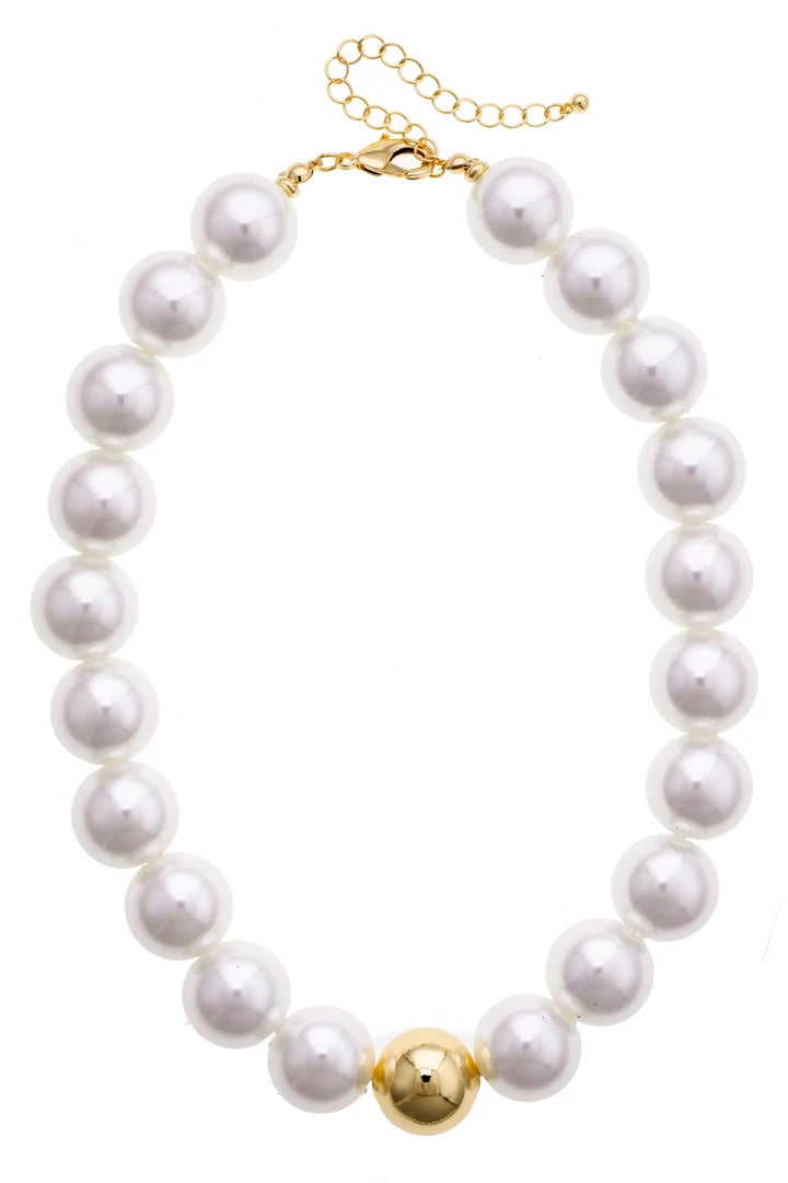 Large gumball Beaded Pearl necklace with single gold bead and gold clasp on a white background