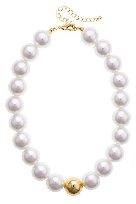 Large gumball Beaded Pearl necklace with single gold bead and gold clasp on a white background