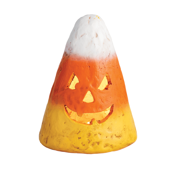 A candy corn jack-o'-lantern decoration with a textured finish, featuring a white top section, an orange middle section, and a yellow bottom section, with a carved face and glowing light inside, isolated on a white background.