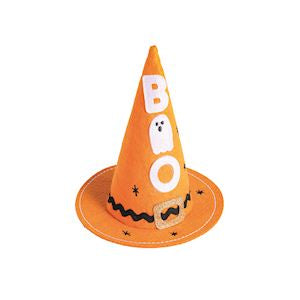 Halloween-themed traffic cone with 'BOO' and ghost design on a white background