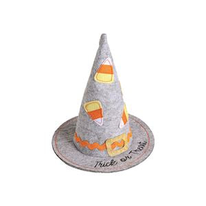 Gray witch hat with candy corn design on a white background