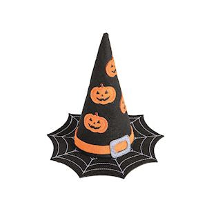 Halloween-themed witch hat with pumpkins on a white background