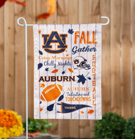 Decorative garden flag with Auburn University-themed text and graphics on a white background