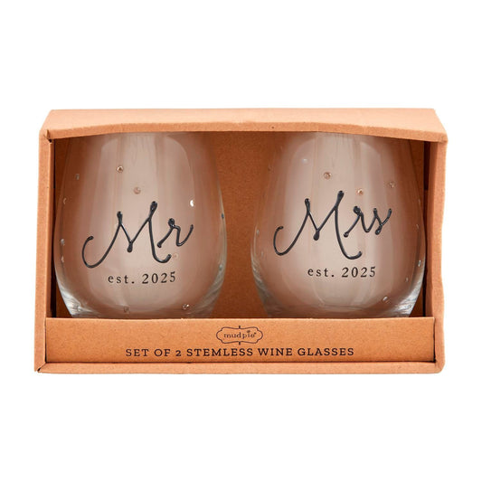 Mud Pie Mr. and Mrs. stemless wine glass set with est. 2025 lettering in gift box