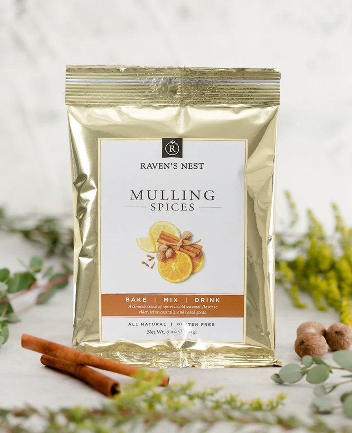 Raven's Nest award winning Mulling Spice is a delicious and aromatic blend of cinnamon, nutmeg, clove, orange and lemon ideal for creating hot spiced cider, mulled wine or summer sangria. Recipes are also available for baking and glazing. 6 oz. package.