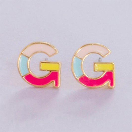 Michelle McDowell G initial stud earrings with blue and green enamel and gold-tone trim