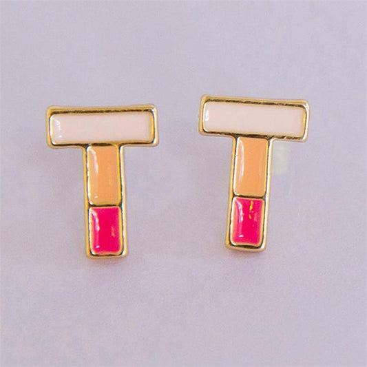 Michelle McDowell T initial stud earrings with blue and green enamel and gold-tone trim
