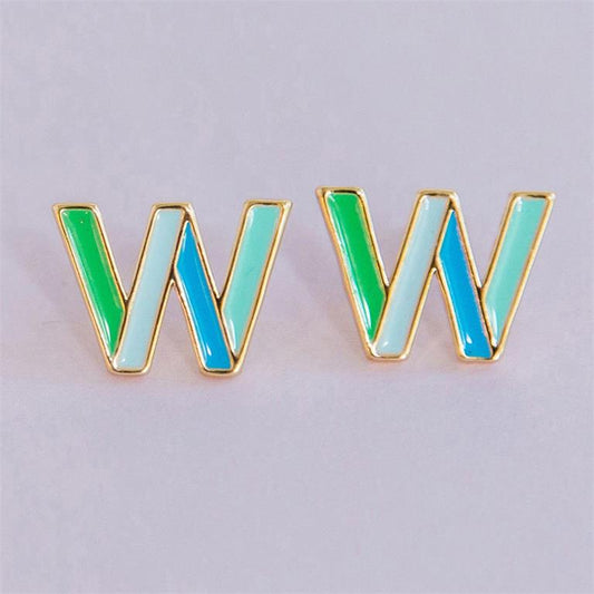 Michelle McDowell W initial stud earrings with blue and green enamel and gold-tone trim