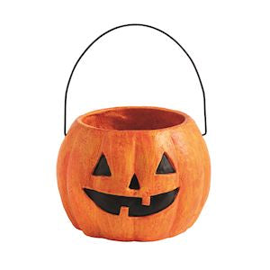 Halloween pumpkin bucket with a black handle on a white background