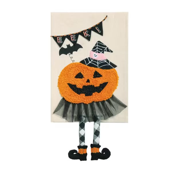 Halloween-themed wall hanging with a jack-o'-lantern face, witch hat, and banner on a beige background.